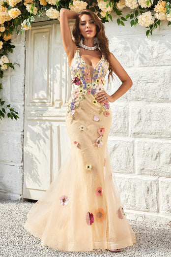 Spaghetti Straps Champagne Long Formal Dress with Appliques