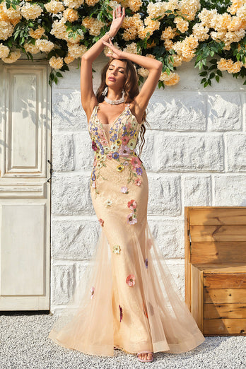 Spaghetti Straps Champagne Long Formal Dress with Appliques