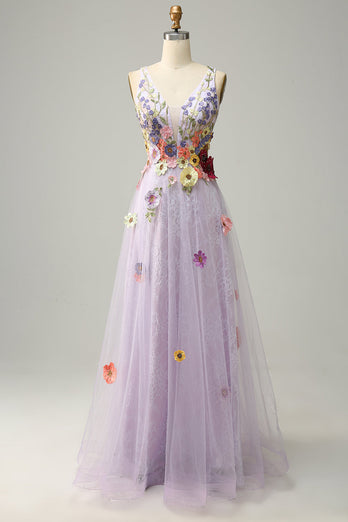 Tulle V-Neck Lavender Long Formal Dress with Embroidery