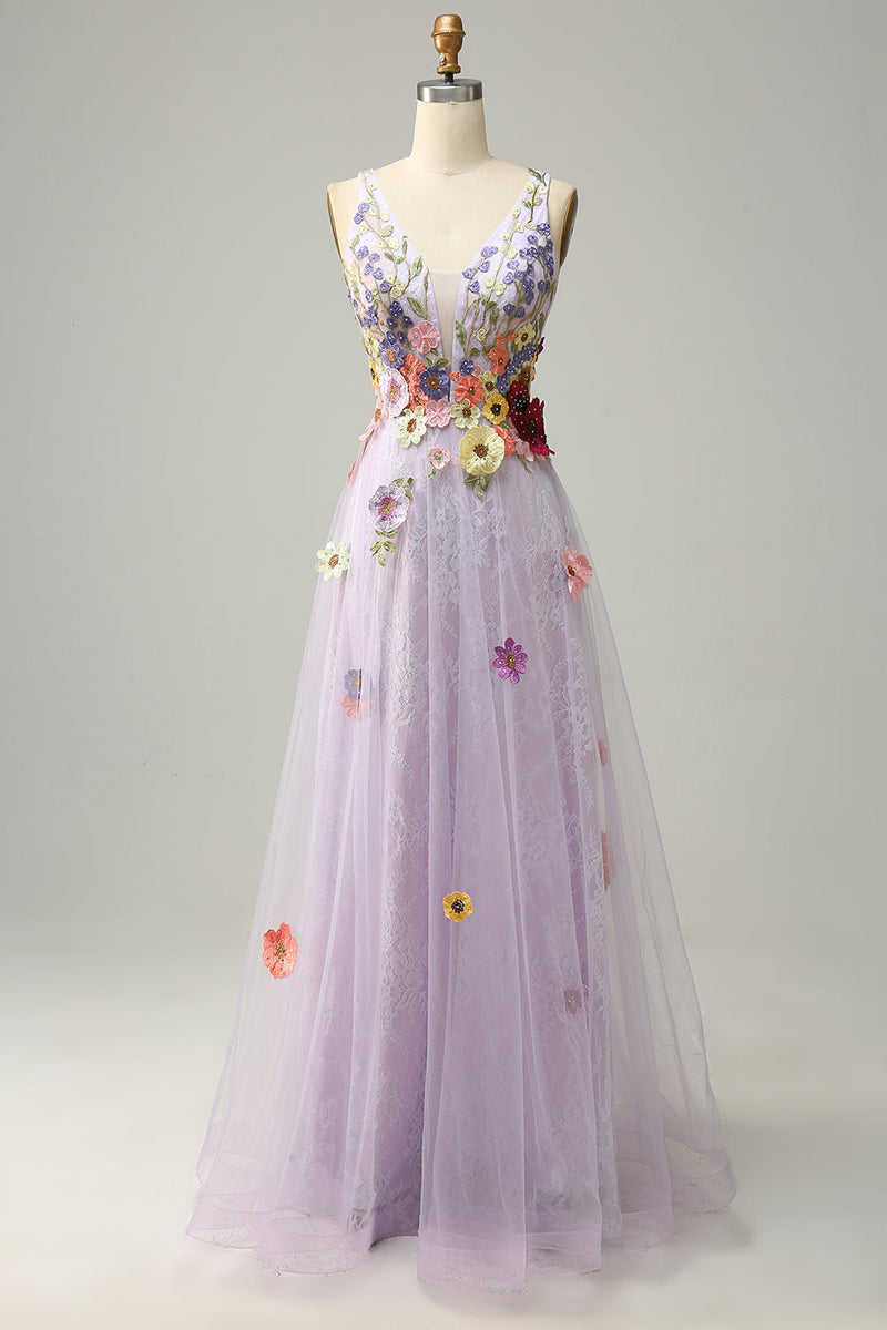 Load image into Gallery viewer, Tulle V-Neck Lavender Long Formal Dress with Embroidery