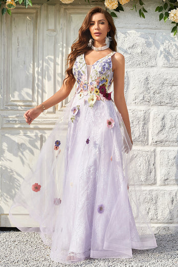 Tulle V-Neck Lavender Long Formal Dress with Embroidery