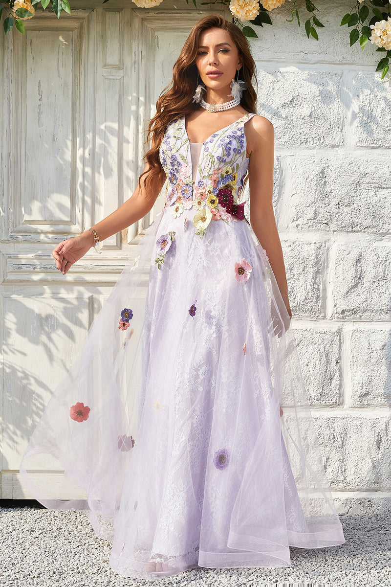 Load image into Gallery viewer, Tulle V-Neck Lavender Long Formal Dress with Embroidery