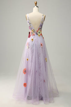 Tulle Backless Lavender Long Formal Dress with Embroidery