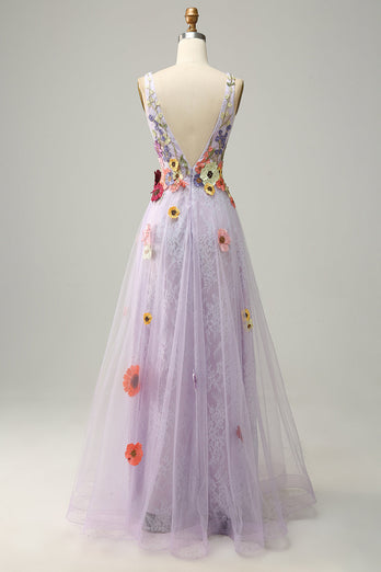 Tulle V-Neck Lavender Long Formal Dress with Embroidery