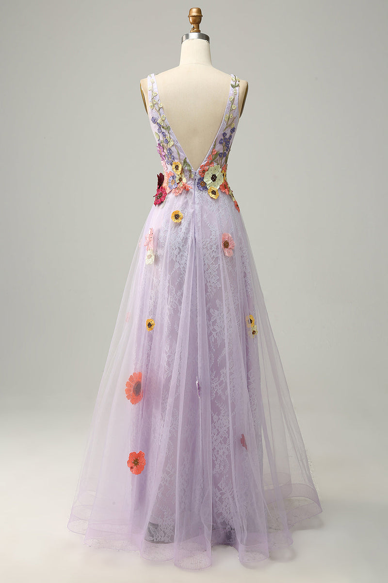 Load image into Gallery viewer, Tulle V-Neck Lavender Long Formal Dress with Embroidery