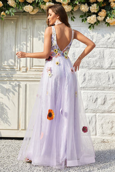 Tulle V-Neck Lavender Long Formal Dress with Embroidery