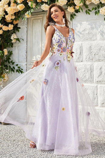 Tulle V-Neck Lavender Long Formal Dress with Embroidery