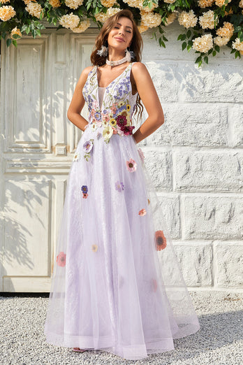 Tulle V-Neck Lavender Long Formal Dress with Embroidery