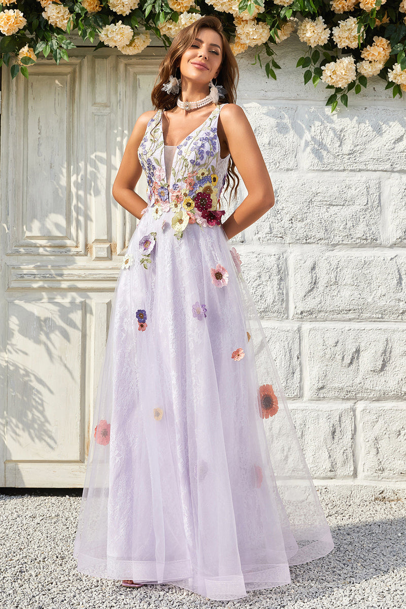 Load image into Gallery viewer, Tulle V-Neck Lavender Long Formal Dress with Embroidery