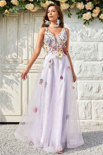 Tulle V-Neck Lavender Long Formal Dress with Embroidery