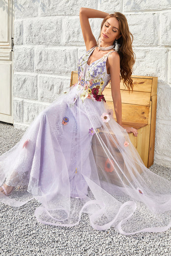 Tulle V-Neck Lavender Long Formal Dress with Embroidery