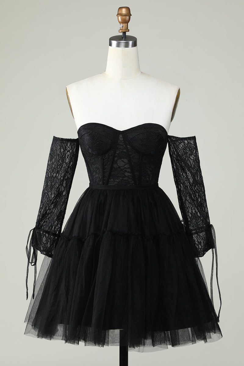 Load image into Gallery viewer, A Line Off the Shoulder Black Corset Short Formal Dress with Long Sleeves