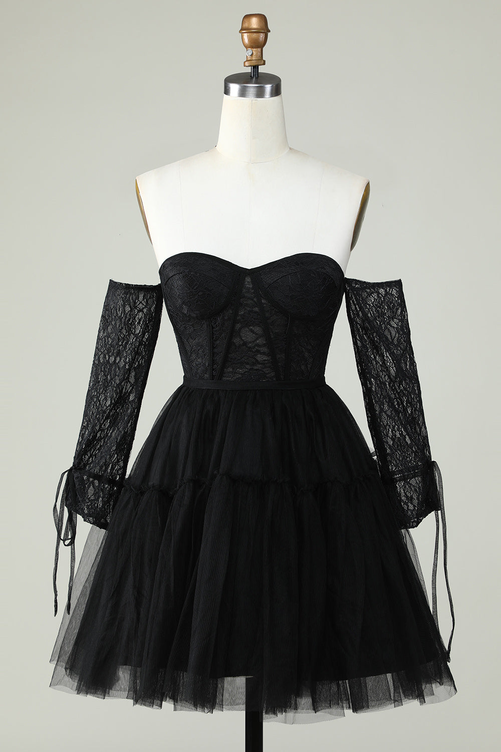 A Line Off the Shoulder Black Corset Short Formal Dress with Long Sleeves