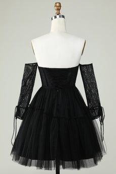 A Line Off the Shoulder Black Corset Short Formal Dress with Long Sleeves