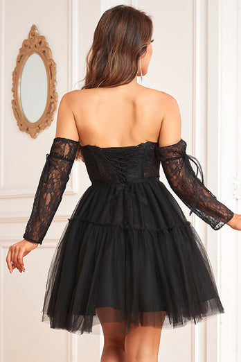 A-Line Black Corset Detachable Long Sleeves Short Formal Dress