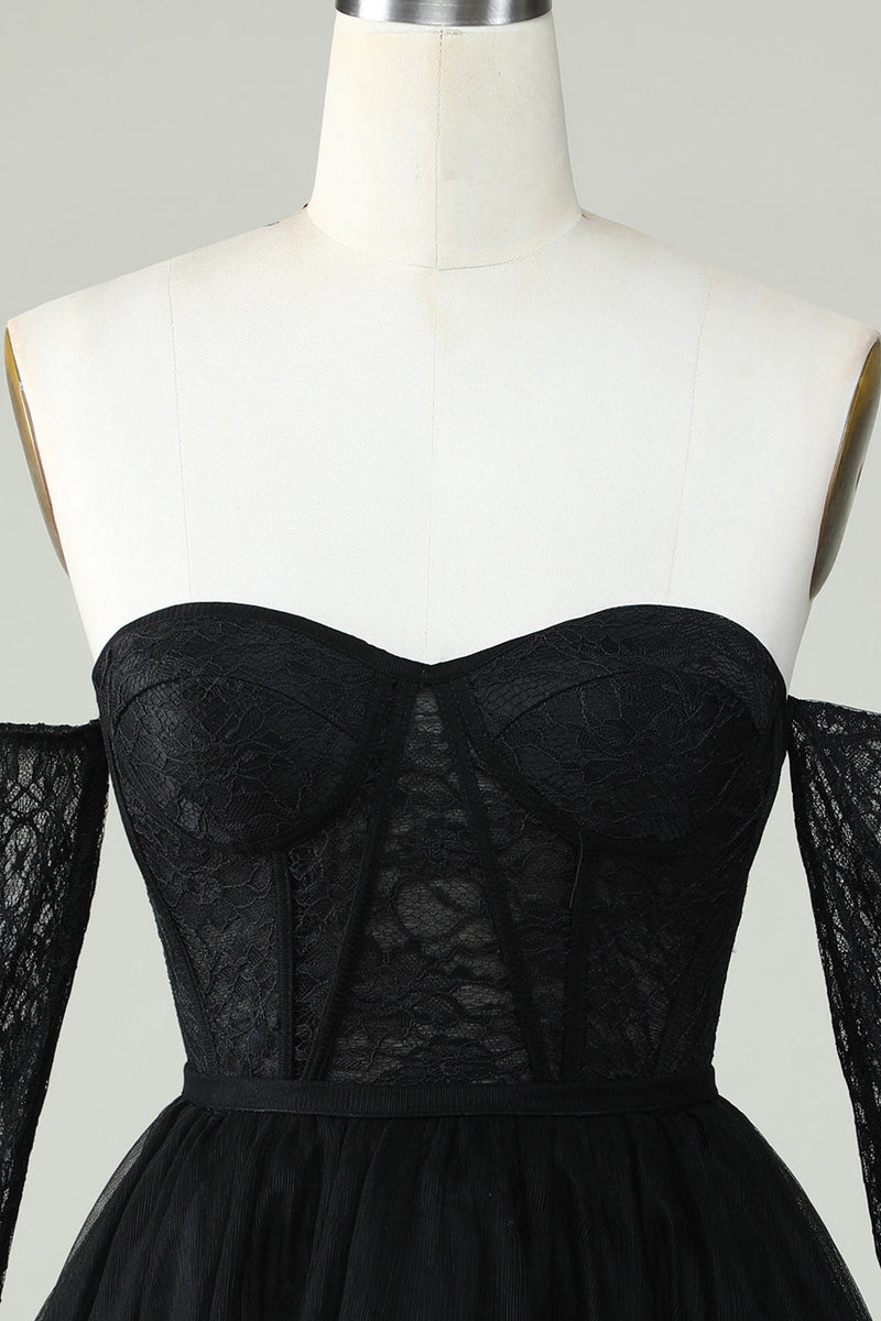 Load image into Gallery viewer, A Line Off the Shoulder Black Corset Short Formal Dress with Long Sleeves