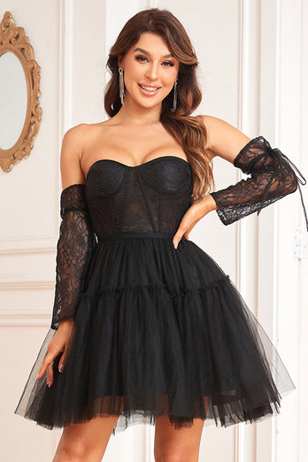 A-Line Black Corset Detachable Long Sleeves Short Formal Dress