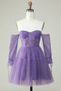 Load image into Gallery viewer, A Line Off the Shoulder Purple Corset Short Formal Dress with Long Sleeves