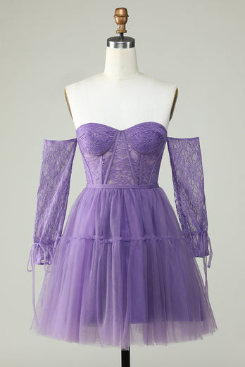 A Line Off the Shoulder Purple Corset Short Formal Dress with Long Sleeves