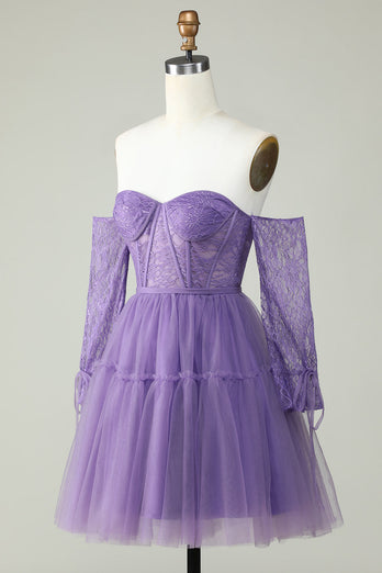 A Line Off the Shoulder Purple Corset Short Formal Dress with Long Sleeves