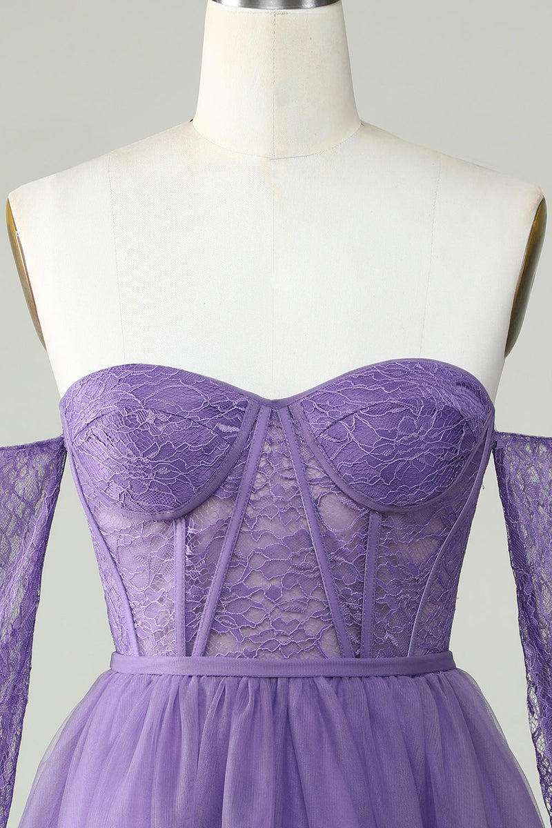 Load image into Gallery viewer, A Line Off the Shoulder Purple Corset Short Formal Dress with Long Sleeves