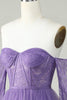 Load image into Gallery viewer, A Line Off the Shoulder Purple Corset Short Formal Dress with Long Sleeves