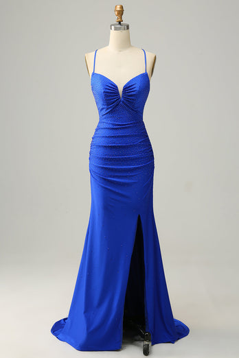 Sparkly V-Neck Royal Blue Long Formal Dress with Beading