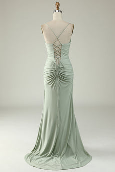 Mermaid Light Green Long Formal Dress with Slit