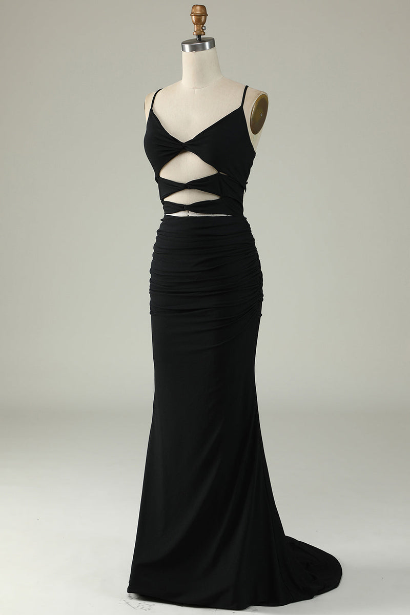 Load image into Gallery viewer, Mermaid Lace-Up Back Black Long Formal Dress