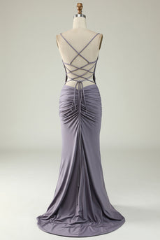 Mermaid Lace-Up Back Grey Purple Long Formal Dress