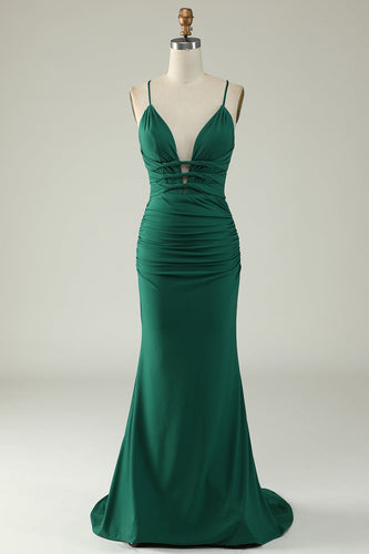 Mermaid Deep V-Neck Dark Green Long Formal Dress