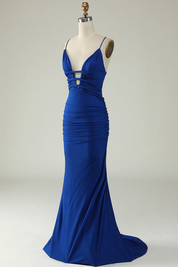 Mermaid Deep V-Neck Royal Blue Long Formal Dress