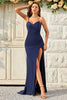 Load image into Gallery viewer, Spaghetti Straps Mermaid Navy Long Formal Dress with Slit