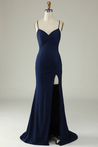 Mermaid Spaghetti Straps Navy Long Formal Dress with Slit