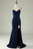 Load image into Gallery viewer, Spaghetti Straps Mermaid Navy Long Formal Dress with Slit