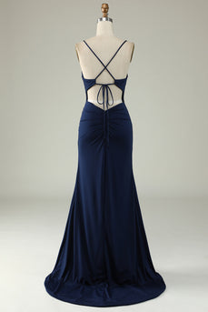 Mermaid Spaghetti Straps Navy Long Formal Dress with Slit