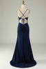 Load image into Gallery viewer, Spaghetti Straps Mermaid Navy Long Formal Dress with Slit