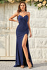 Load image into Gallery viewer, Spaghetti Straps Mermaid Navy Long Formal Dress with Slit