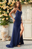 Load image into Gallery viewer, Spaghetti Straps Mermaid Navy Long Formal Dress with Slit