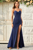 Load image into Gallery viewer, Spaghetti Straps Mermaid Navy Long Formal Dress with Slit