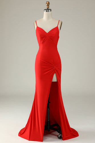 Mermaid Spaghetti Straps Red Long Formal Dress with Slit