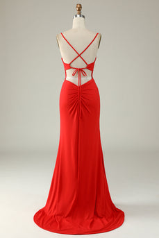 Mermaid Spaghetti Straps Red Long Formal Dress with Slit