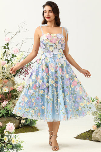 Cute A Line Spaghetti Straps Blue Tea Length Formal Dress with 3D Flowers