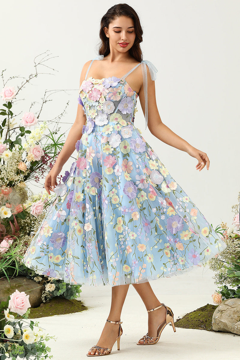 Load image into Gallery viewer, Cute A Line Spaghetti Straps Blue Tea Length Formal Dress with 3D Flowers