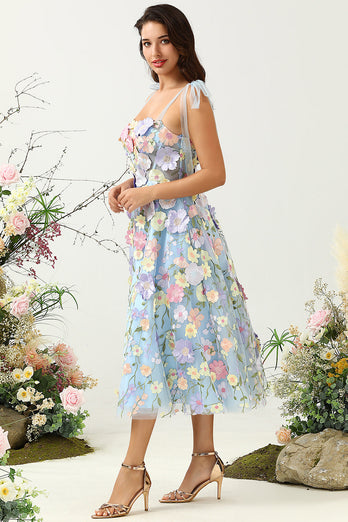 Cute A Line Spaghetti Straps Blue Tea Length Formal Dress with 3D Flowers