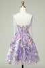 Load image into Gallery viewer, A Line Spaghetti Straps Purple Corset Short Formal Dress with 3D Flowers