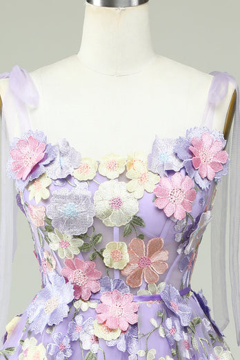 A Line Spaghetti Straps Purple Corset Short Formal Dress with 3D Flowers