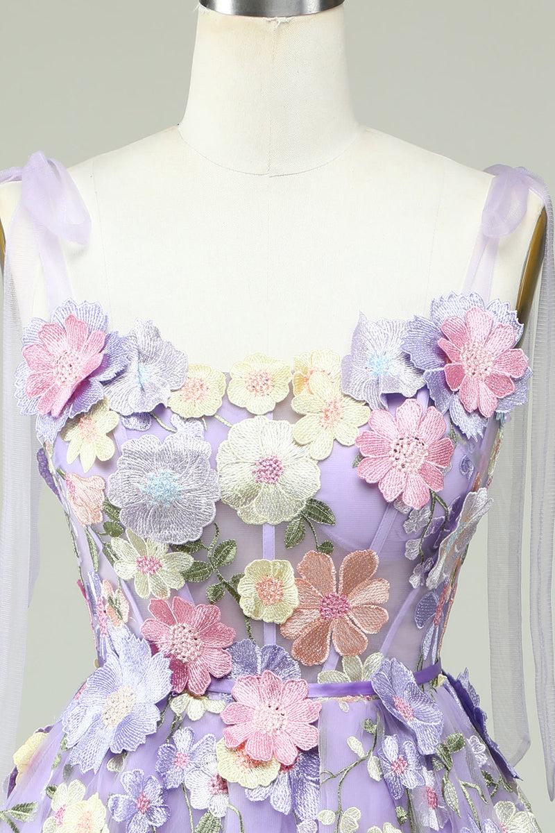 Load image into Gallery viewer, A Line Spaghetti Straps Purple Corset Short Formal Dress with 3D Flowers