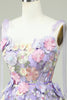 Load image into Gallery viewer, A Line Spaghetti Straps Purple Corset Short Formal Dress with 3D Flowers