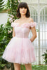 Load image into Gallery viewer, Pink Off the Shoulder Corset Short Formal Dress With Flowers